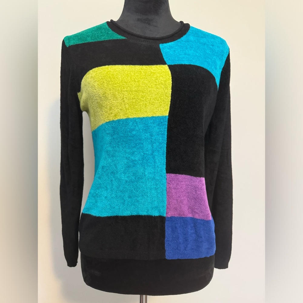 EUC Vintage Bonnie and Bill by Holly Black Color-block Patchwork Sweater size L